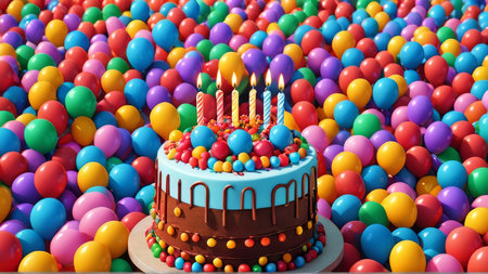 Birthday cake with candles and colorful balloons. 3D rendering.