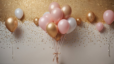 Bunch of pink, white and gold balloons on a golden backgroundの写真素材