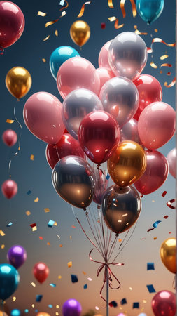 Colorful balloons with confetti and ribbons. 3D renderingの写真素材
