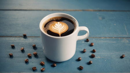 Coffee cup and coffee beans on blue wooden table background.