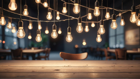 Light bulbs over wooden table in cafe interior. 3D Rendering