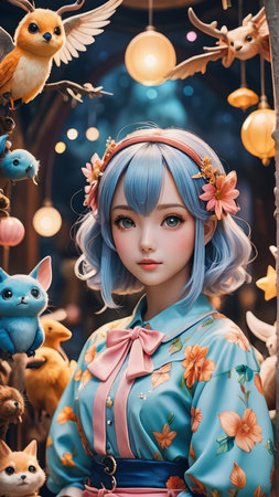 Japan anime cosplay portrait of beautiful asian girl with blue hair in the doll shop.