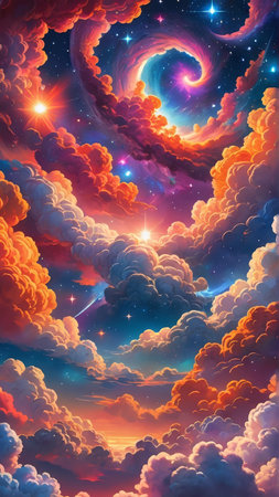 Fantasy sky with clouds and stars. 3d illustration. Abstract background.