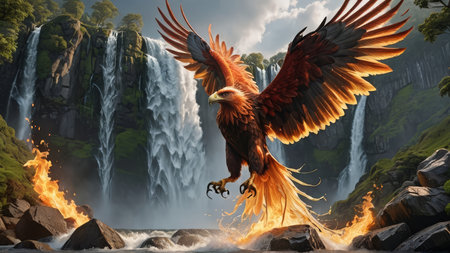 Eagle flying in front of a waterfall. 3D rendering.