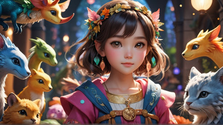 Beautiful little girl in a fantasy world. 3d rendering.