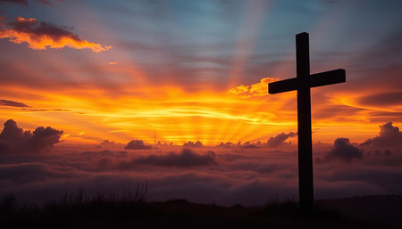 Cross silhouette against the sky and sea of fog at sunset. Christian symbol.