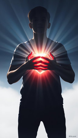 Silhouette of a man holding a red heart against cloudy sky