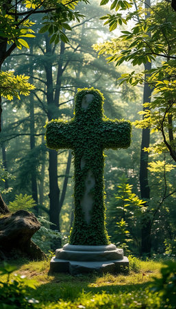 Cross in the forest. Beautiful green forest with cross in the forest.の写真素材