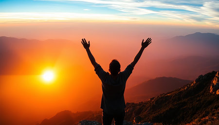 Silhouette of a man raising hands in the mountains at sunset