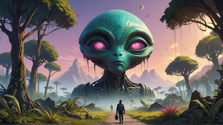 Fantasy scene with alien and fantasy landscape - illustration for children.の写真素材