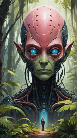 3D rendering of a female alien in a fantasy forest with a path leading to the entrance