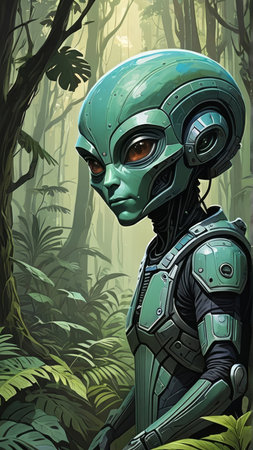 Green robot in the jungle. Fantasy forest background. Vector illustration.