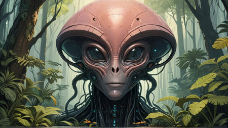 cartoon scene with alien in the jungle - illustration for the children