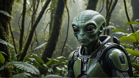 3D rendering of a male alien in a green suit in the jungle