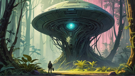 Fantasy alien planet with spaceship in the forest. 3d illustration