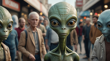 A large group of people in front of a giant alien mask in Camden Market.