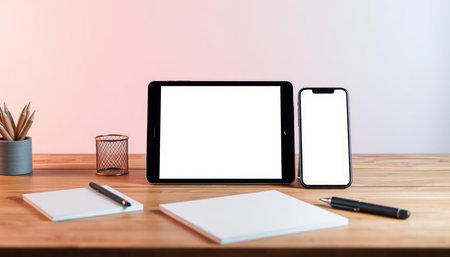 Mockup image of tablet, smartphone and stationery on wooden table