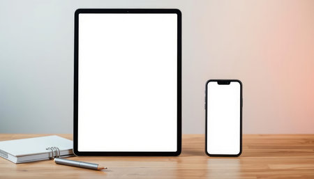 Mockup image of blank screen digital tablet and mobile phone on wooden table