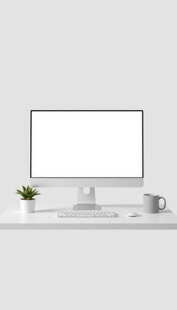 Computer with blank screen on the table. Isolated on white background