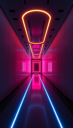 Futuristic corridor with glowing neon lights. 3d rendering.