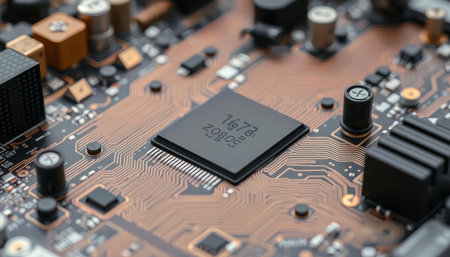 Close-up of electronic circuit board with microcircuits. Technology background