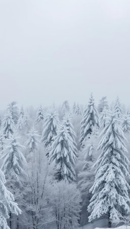 Foggy winter landscape with fir trees covered with hoarfrost