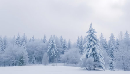 Frozen winter landscape with snow covered trees and foggy sky.