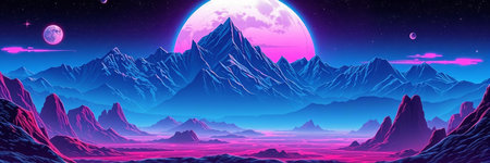 Fantasy landscape with mountains and a full moon. Vector illustration.の写真素材