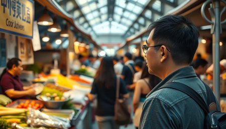 Young asian man looking at fresh fruits and vegetables in the marketの写真素材