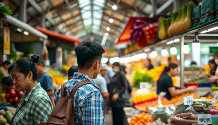 Asian man and woman buying fresh fruits and vegetables at local market in Bangkok, Thailandの写真素材