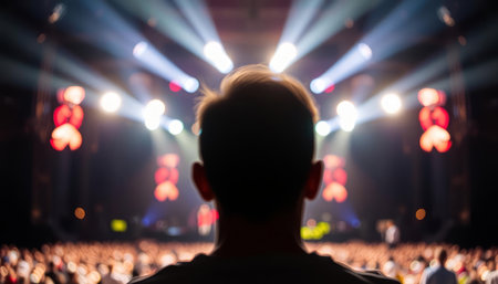 Crowd in front of a concert stage with a blurred background.