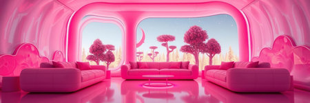 3d rendering of a modern living room with a pink sofa and a tropical landscapeの写真素材