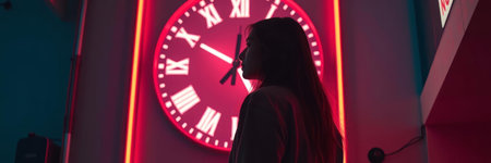 Horizontal shot of a girl in a hoodie with a clock in the background