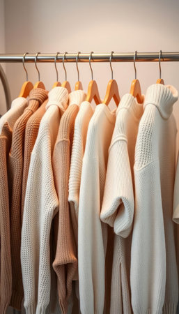 Women's sweaters hanging on a hanger in a wardrobe.の写真素材