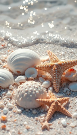 Seashells and starfish on sandy beach with bokeh