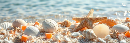 Seashells and starfish on sandy beach. Summer vacation concept