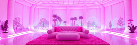 3d render of interior living room with sofa and palm trees.の写真素材