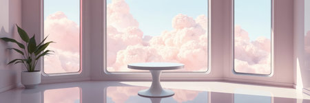 3D rendering of a room with a big window overlooking the cloudsの写真素材