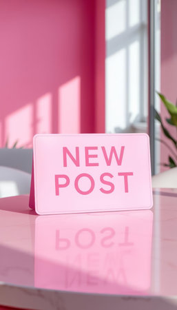 A pink signboard with the word new post on a table in a restaurant. 3d render