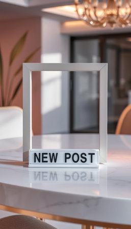 New post sign on a white table in a restaurant. 3d rendering