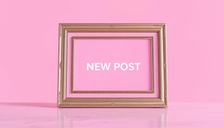 Golden frame with text new post on pink background, 3d render