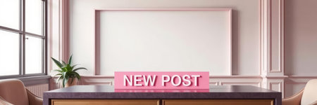 Conference room with blank poster on the wall, 3d render, 3d rendering of a new post label on a pink...