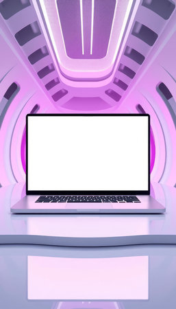 Laptop with white screen in futuristic interior. 3D rendering.