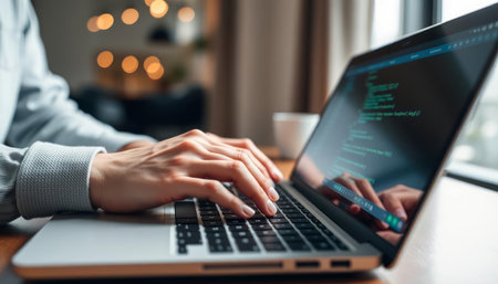 close up of woman typing on laptop keyboard in cafe during coffee break