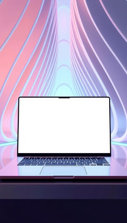Laptop with blank white screen on the table against abstract colorful background