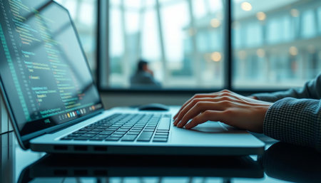 Close-up image of female hands typing on laptop keyboard in office