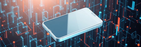 Smartphone with blank screen on circuit board background. 3d illustration
