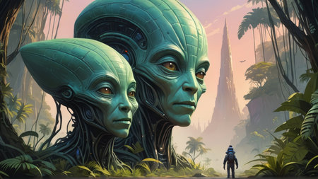 3d rendering of two alien characters in a fantasy landscape with temples