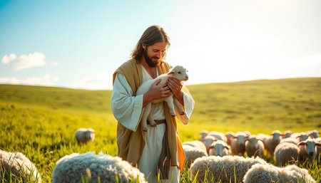 Young woman with little lamb in the meadow on a sunny day