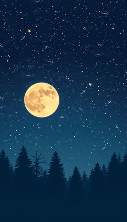 Night sky with full moon and stars over pine forest. Vector illustration.